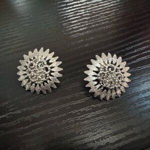 Vintage Monet Silver Tone Flower Earrings, Signed, Clip-On